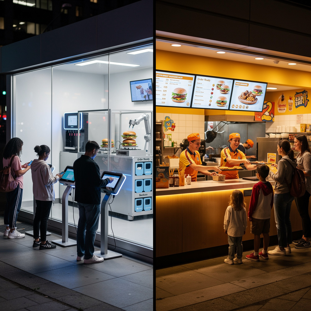 Autonomous fast food vs human-staffed outlets